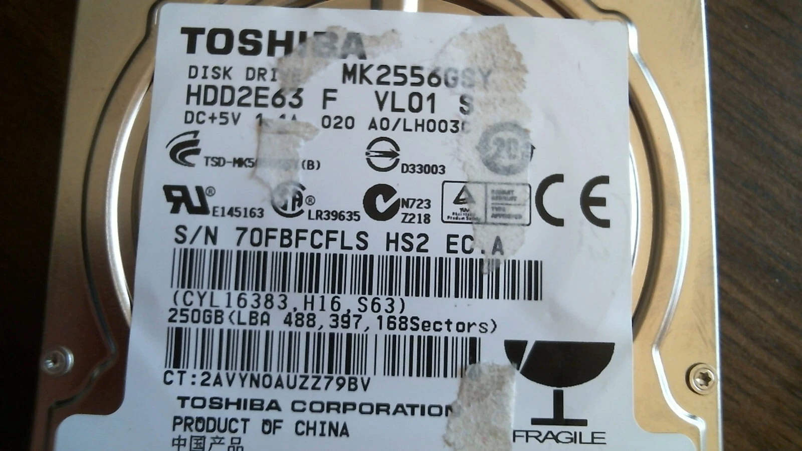 HDD Laptop Hard Disk SATA Toshiba MK2552GSX HDD2H02 F VL01 T 250GB 480600-001 - image 2
