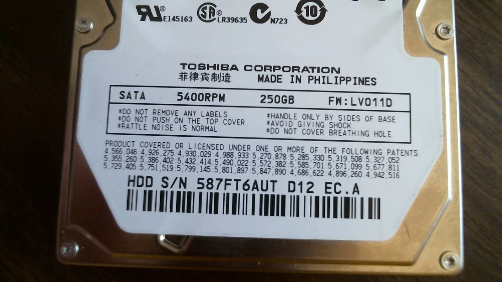 HDD Laptop Hard Disk SATA Toshiba MK2552GSX HDD2H02 D UL02 T 250GB 0C610C - image 3