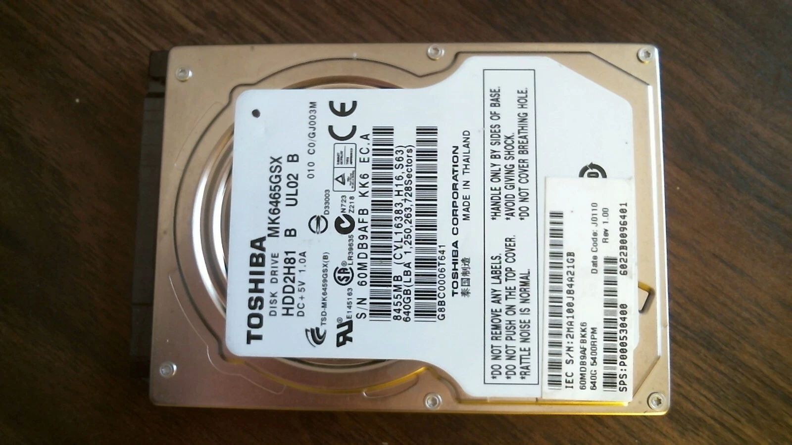 HDD Laptop Hard Disk Drive SATA Toshiba MK6465GSX HDD2H81 B UL02 B 640GB