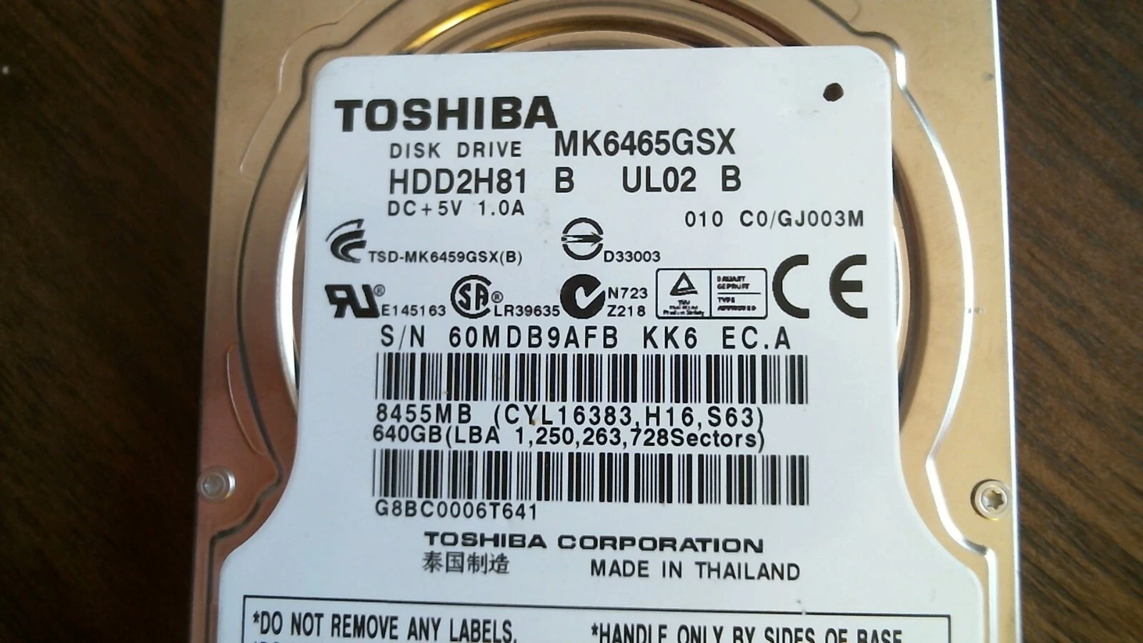 HDD Laptop Hard Disk Drive SATA Toshiba MK6465GSX HDD2H81 B UL02 B 640GB - image 2