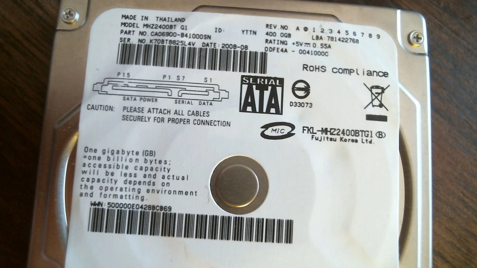 HDD Laptop Hard Disk Drive SATA Fujitsu MHZ2400BT CA06900-B41000SN 400GB - image 2