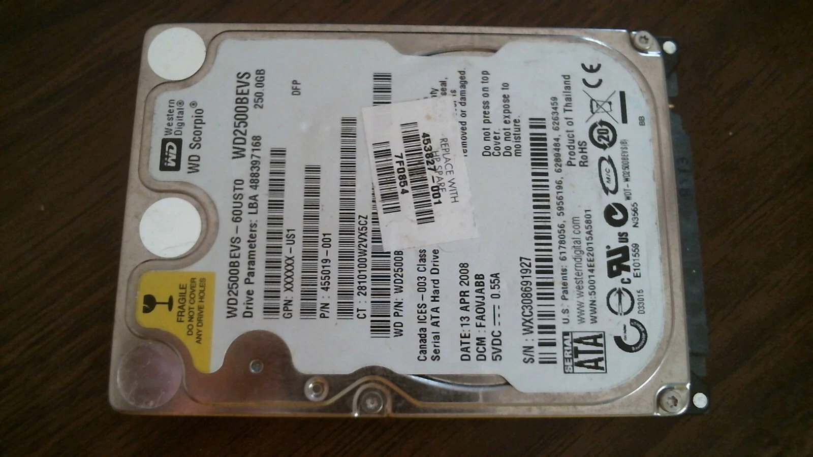 HDD Laptop Hard Disk Drive SATA WD Scorpio WD2500BEVS WD2500BEVS-60UST0 250GB