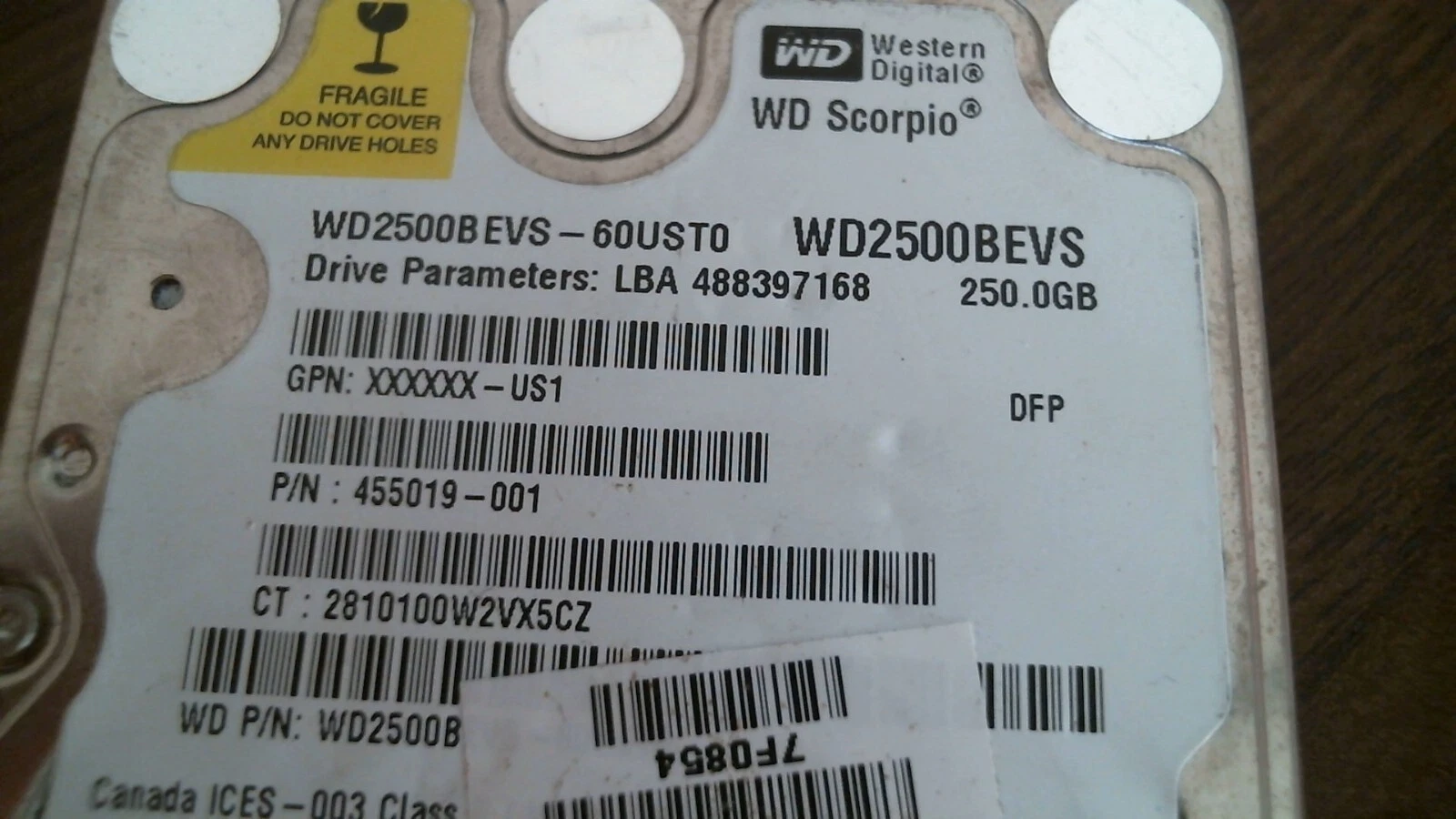 HDD Laptop Hard Disk Drive SATA WD Scorpio WD2500BEVS WD2500BEVS-60UST0 250GB - image 2