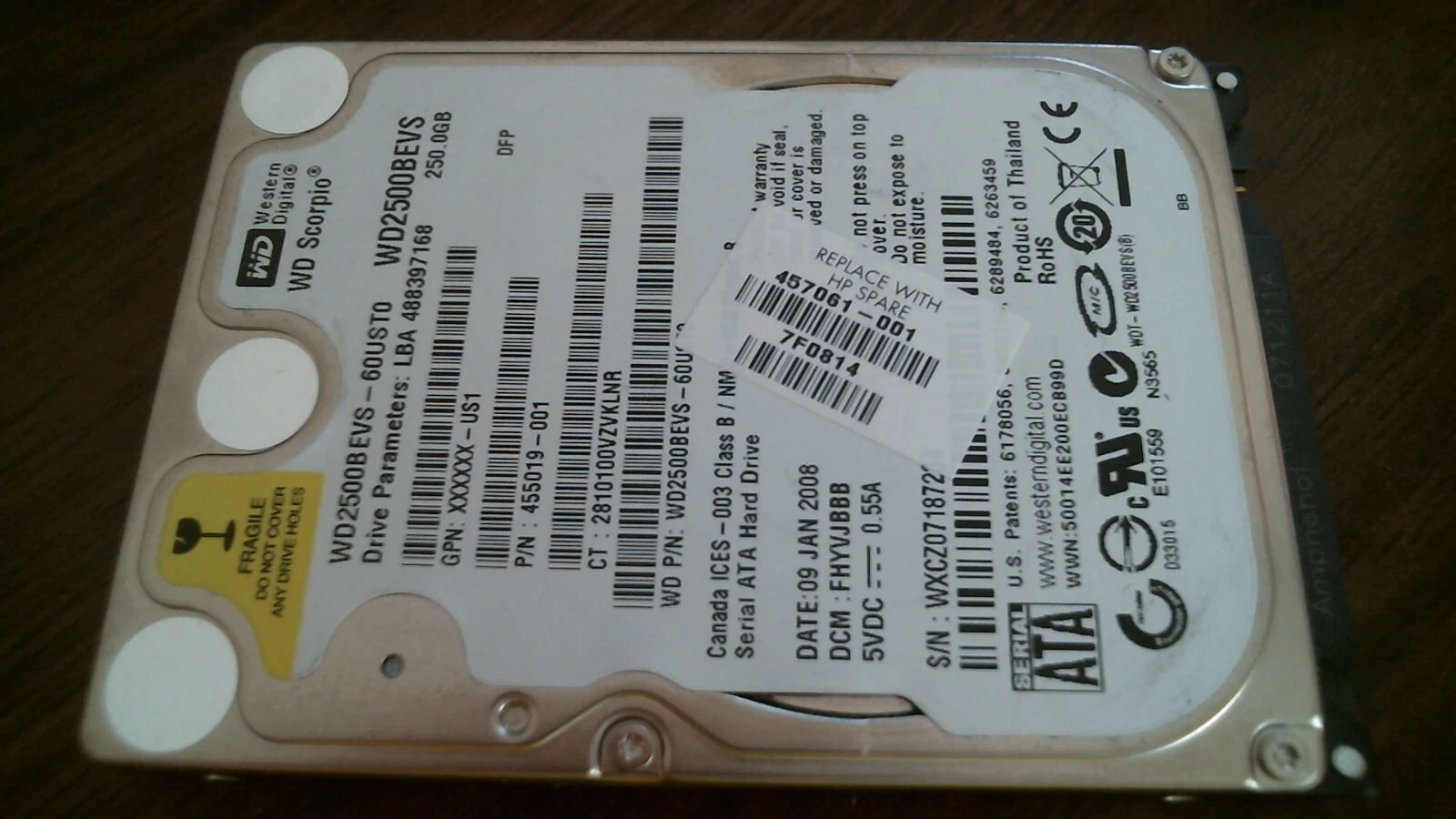 HDD Laptop Hard Disk Drive SATA WD Scorpio WD2500BEVS WD2500BEVS-60UST0 250GB - image 5