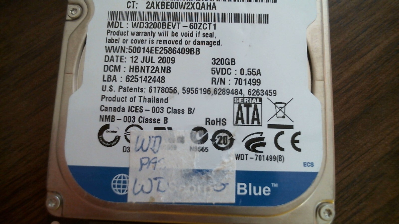 HDD Laptop Hard Disk Drive SATA WD Scorpio Blue 320GB WD3200BEVT-60ZCT1 HBNT2AND - image 3