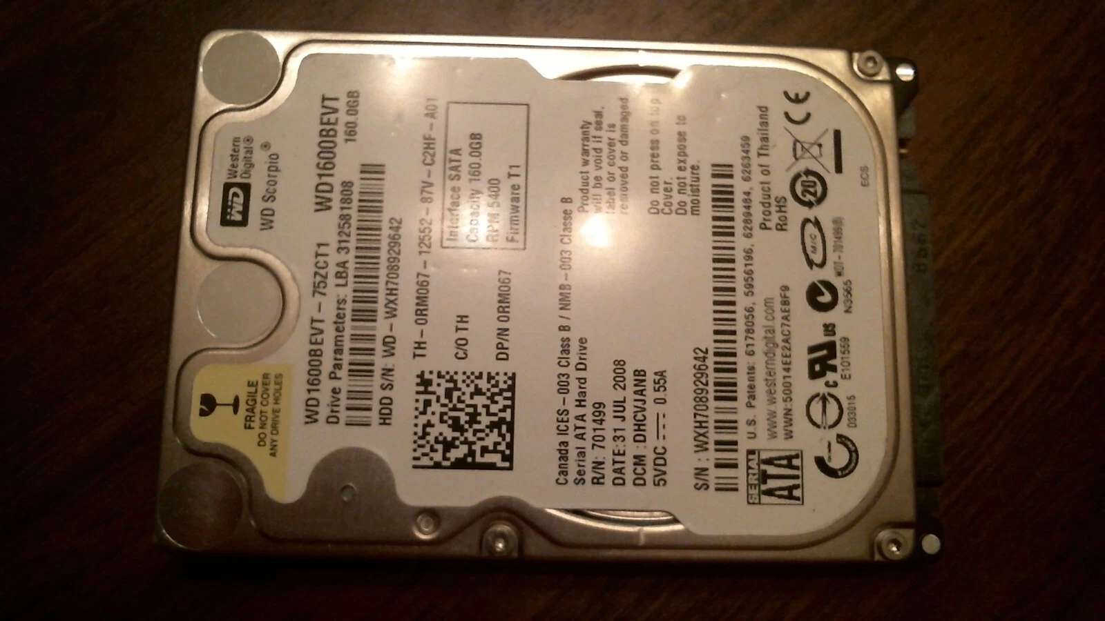 HDD Laptop Hard Disk Drive SATA WD Scorpio WD1600BEVT-75ZCT1 312581808 160GB