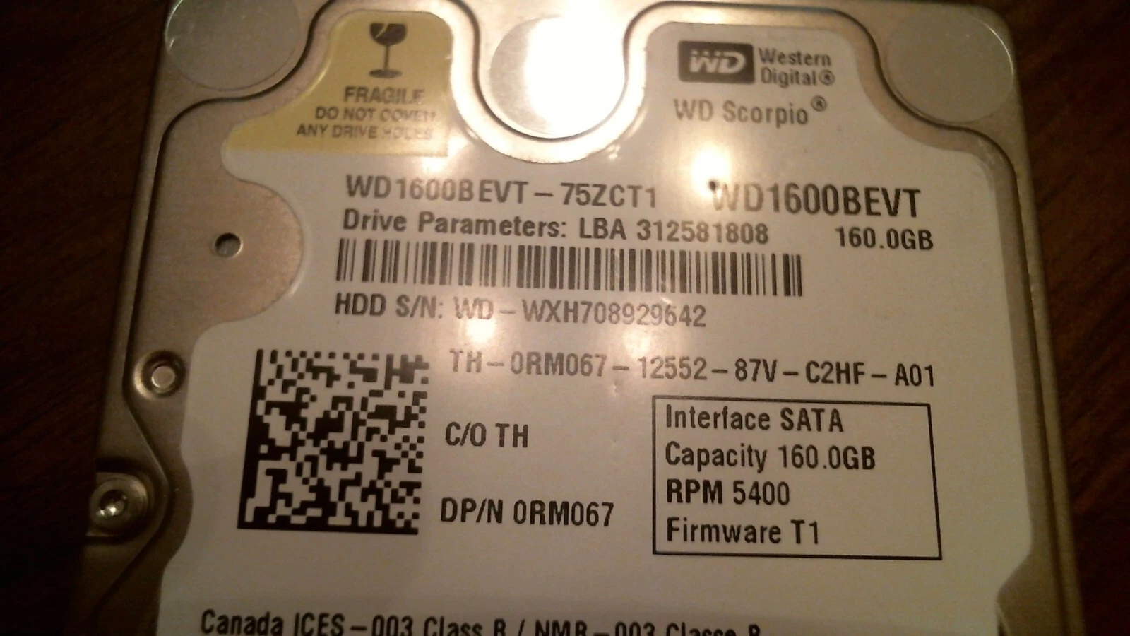 HDD Laptop Hard Disk Drive SATA WD Scorpio WD1600BEVT-75ZCT1 312581808 160GB - image 2