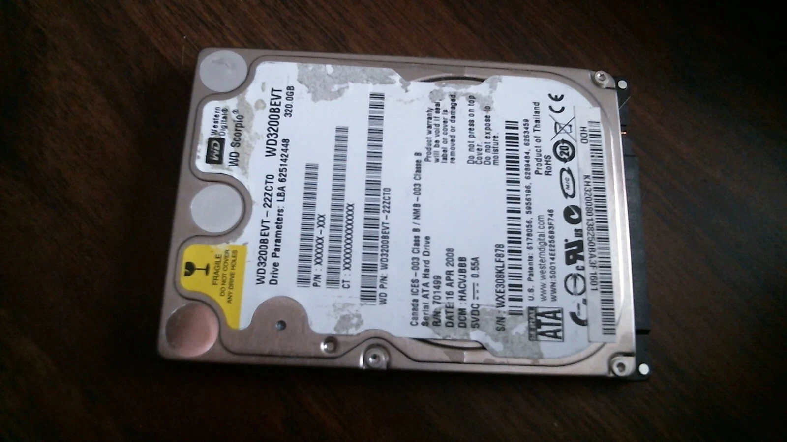 HDD Laptop Hard Disk Drive SATA WD Scorpio WD3200BEVT-22ZCT0 625142448 320GB
