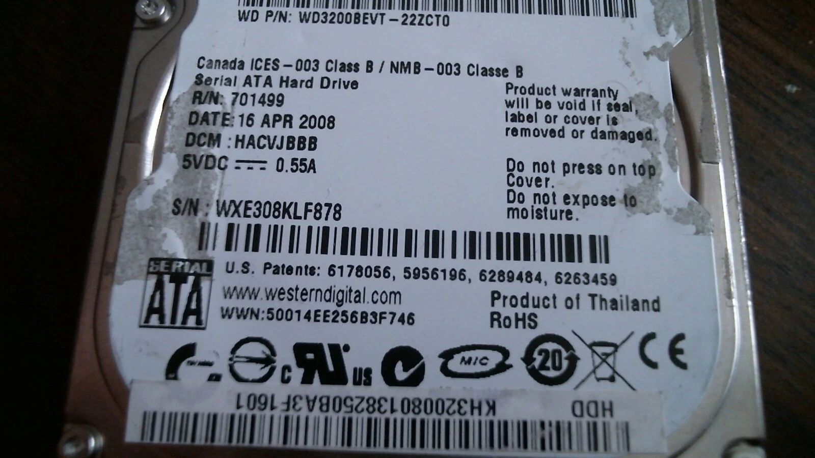 HDD Laptop Hard Disk Drive SATA WD Scorpio WD3200BEVT-22ZCT0 625142448 320GB - image 3