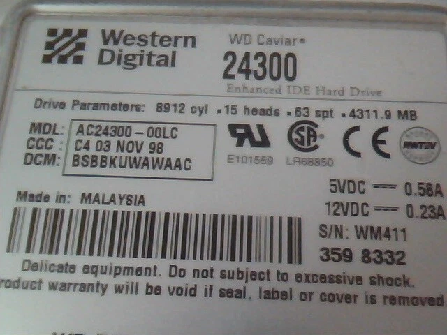 Hard Disk Drive IDE Western Digital Caviar WD AC24300-00LCC4 24300 C4 03 NOV 98 - image 2