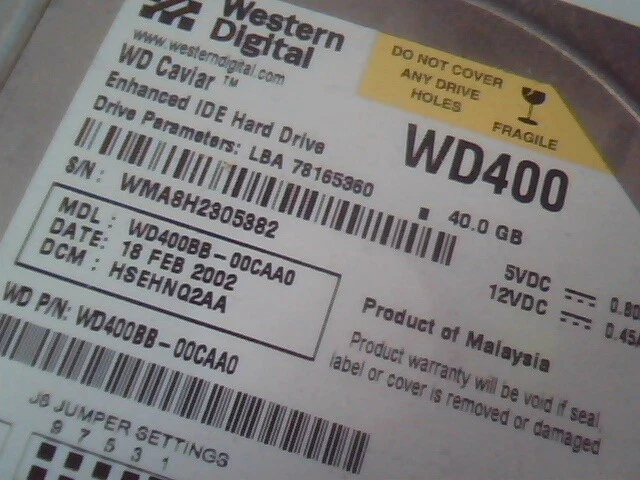 Hard Drive IDE Western Digital WD400 WD400BB-00CAA0 78165360 HSEHNQ2AA 40GB - image 2