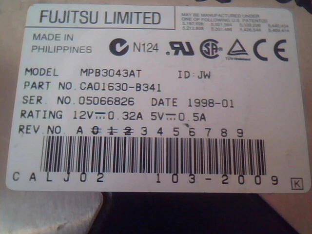 Hard Drive IDE Fujitsu Limited MPB3043AT CA01630-B341 1998-01