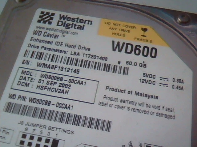 Hard Disk Drive IDE Western Digital Caviar WD600 WD600BB-00CAA1 HSFHCV2AH 60GB - image 2