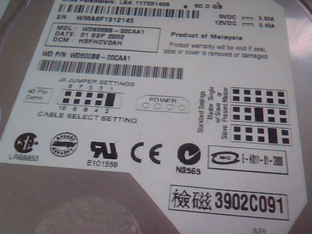 Hard Disk Drive IDE Western Digital Caviar WD600 WD600BB-00CAA1 HSFHCV2AH 60GB - image 3