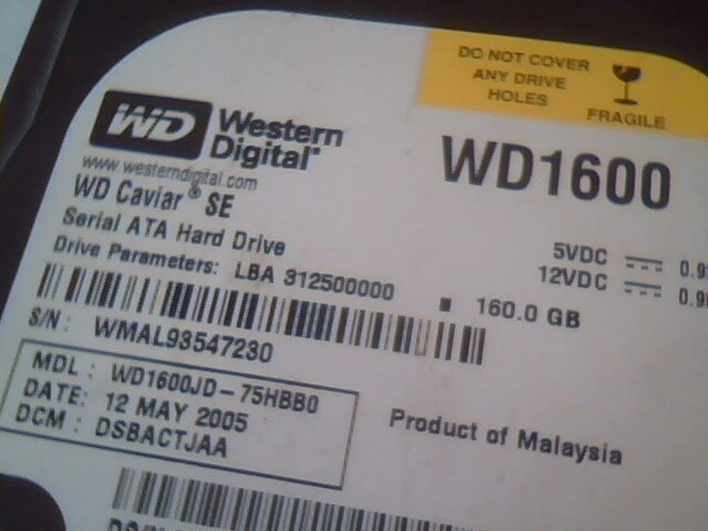 Hard Drive SATA Western Digital WD1600JD-75HBB0 Caviar DSBACTJAA A00 - image 2