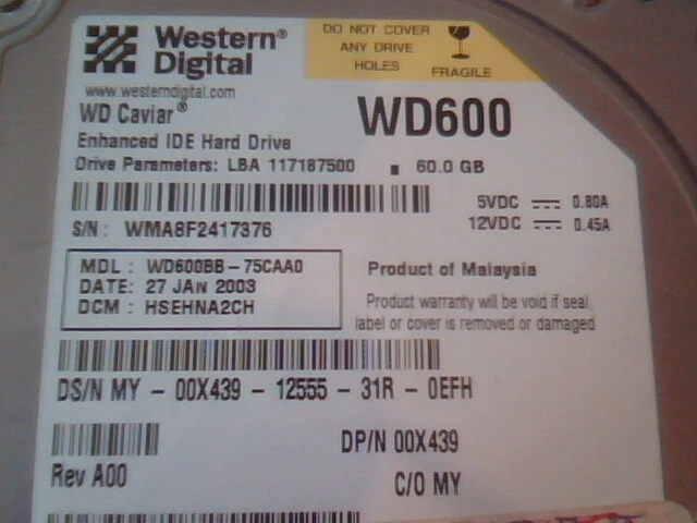 Hard Drive Disk IDE Western Digital Caviar WD600BB-75CAA0 3902C091 117187500