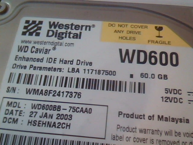 Hard Drive Disk IDE Western Digital Caviar WD600BB-75CAA0 3902C091 117187500 - image 2