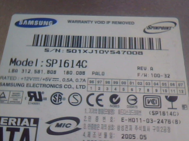 Hard Disk Drive SATA Samsung SpinPoint SP1614C 1176J1FY514798 350389-001 RevA - image 2