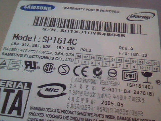 Hard Disk Drive SATA Samsung Spinpoint SP1614C 1176J1FY514775 350389-001 100-32 - image 2