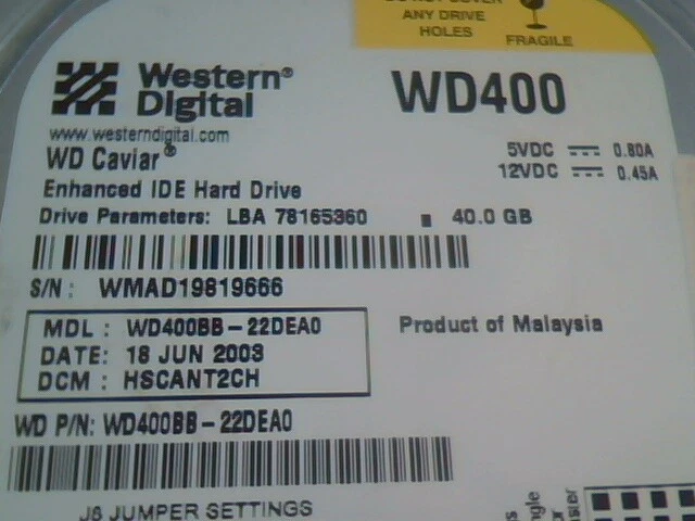 Hard Drive Disk IDE Western Digital Caviar WD400BB-22DEA0 78165360 LR68850 - image 2