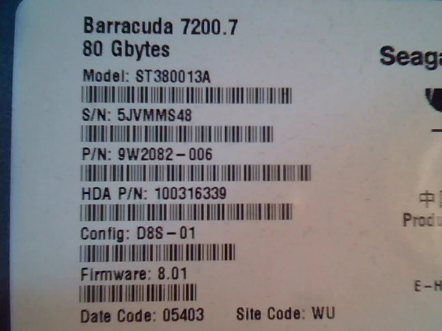 Hard Drive Disk IDE Seagate Barracuda 7200.7 ST380013A 9W2082-006 100316339 80GB
