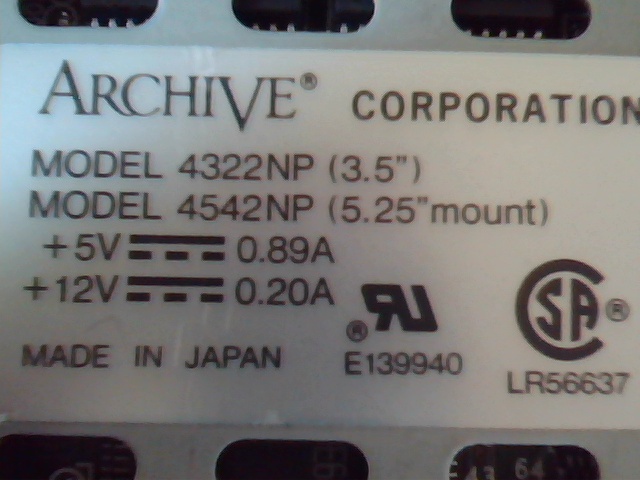 SCSI DAT Tape Drive Archive Corporation 4322NP 4542NP LAA73366 E139940