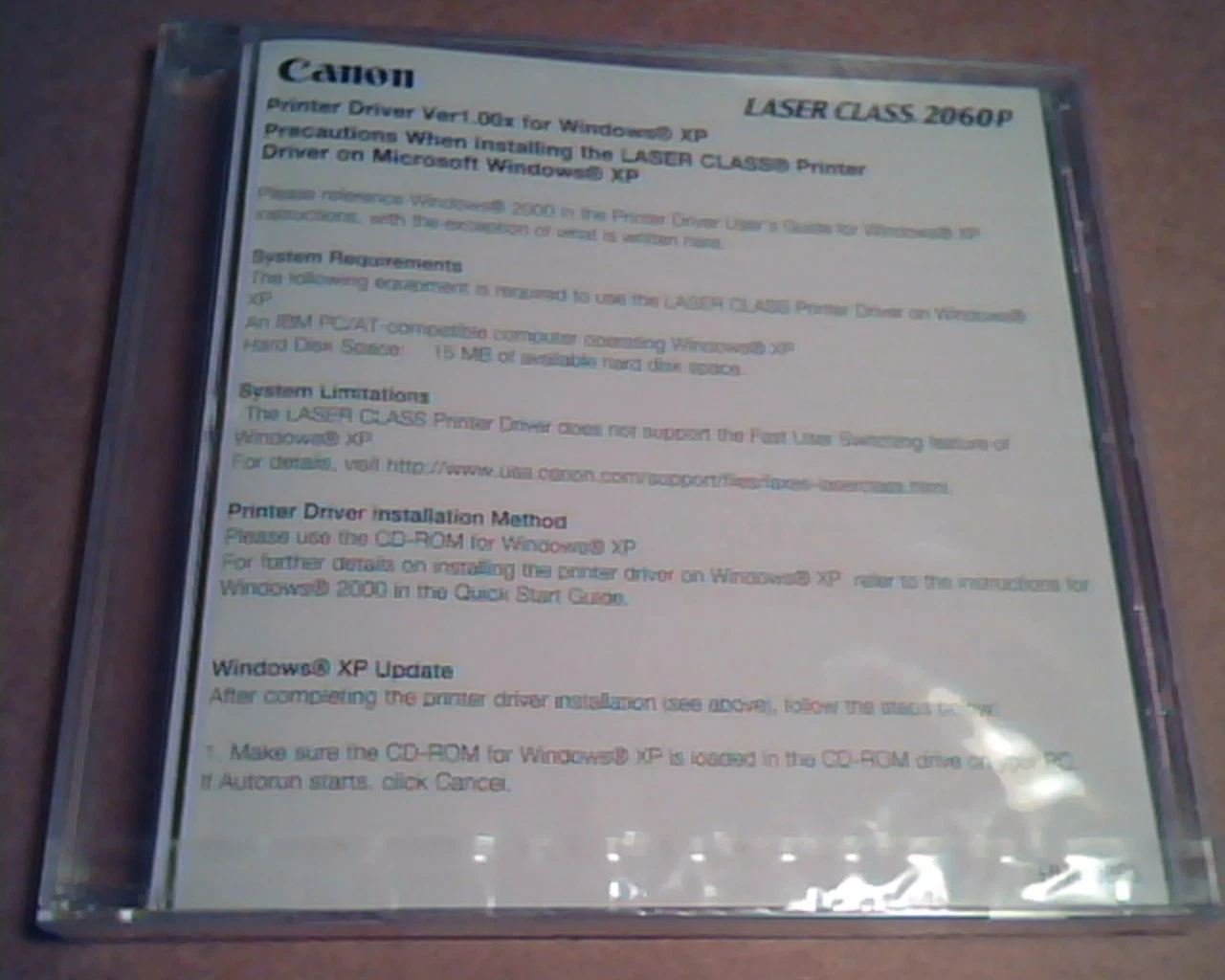 Canon Laser Class 2060P : Printer Driver Ver1.00x for Windows XP :Sealed in Case