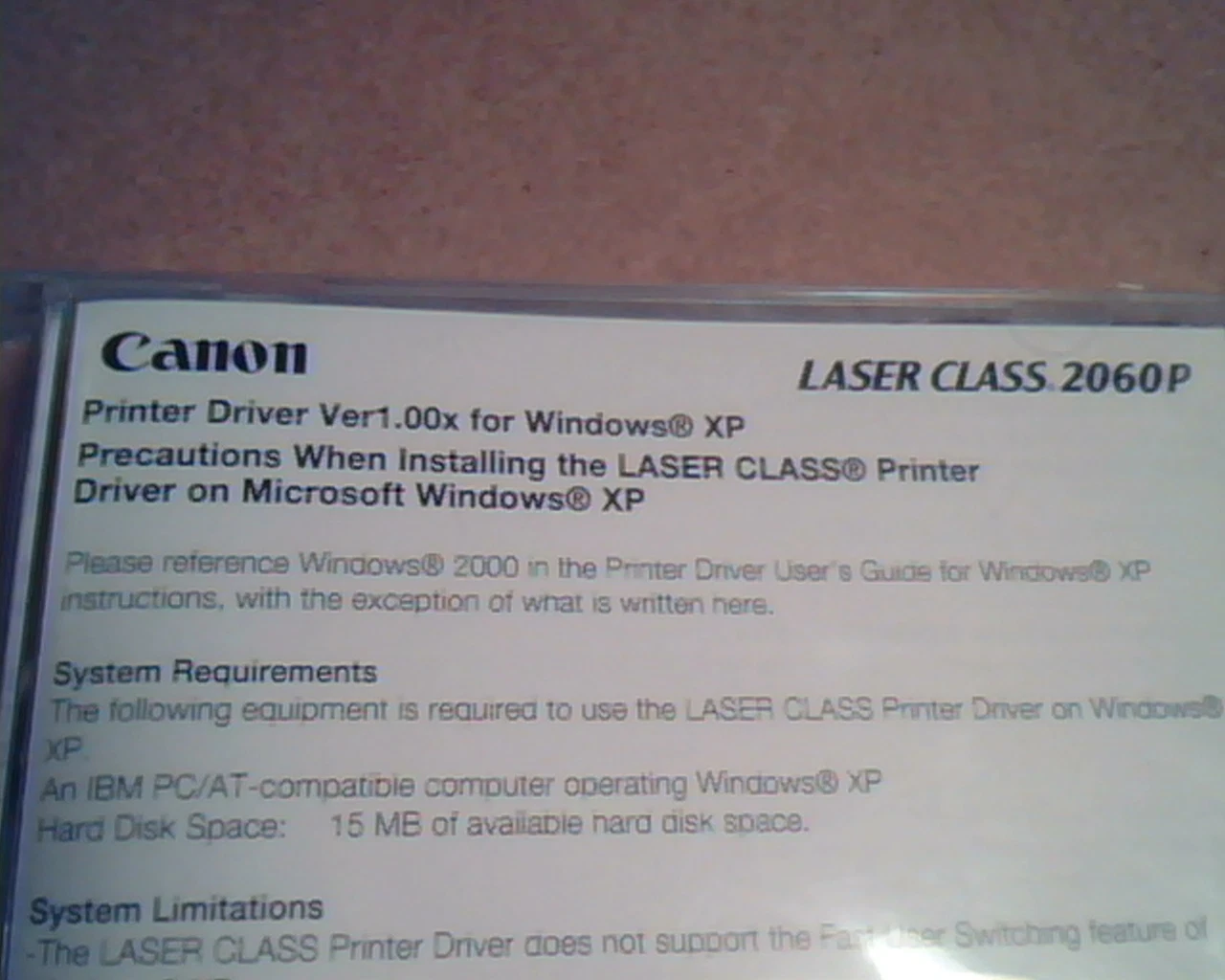 Canon Laser Class 2060P : Printer Driver Ver1.00x for Windows XP :Sealed in Case - image 2