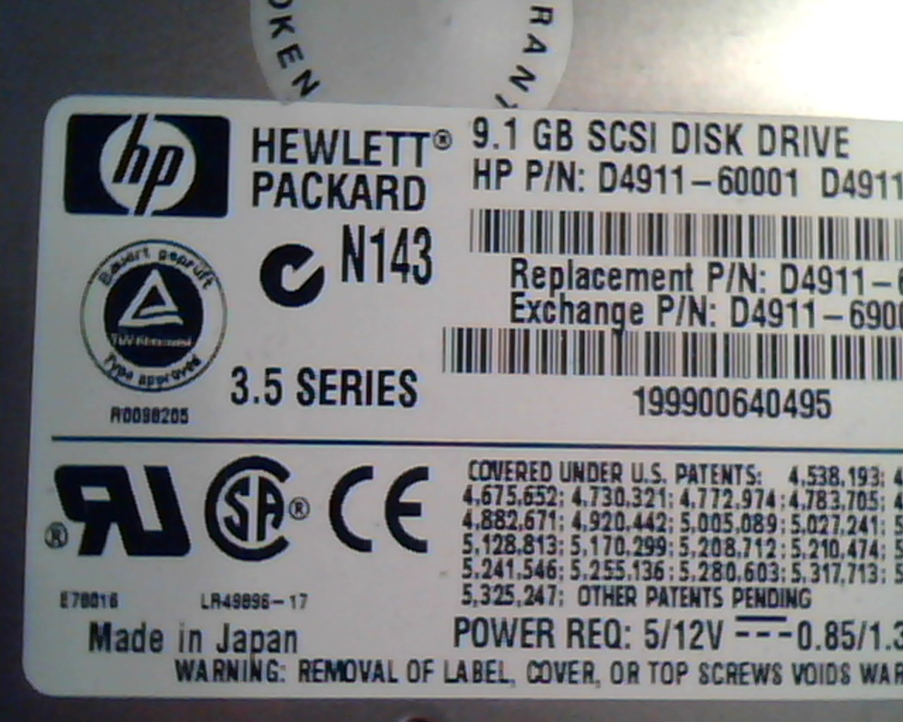 Hard Drive Disk HP 9.1GB D4911-60001 D4911A PX09L011 02-E 9.1L PX91L10D 02-R