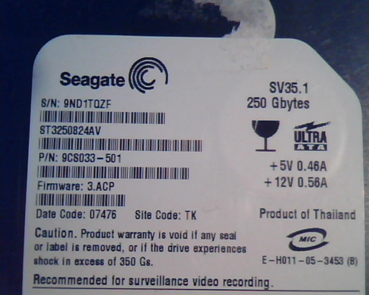 Hard Drive Disk Seagate SV35.1 250GB 9CS033-501 ST3250824AV E-H011-05-3453 3.ACP