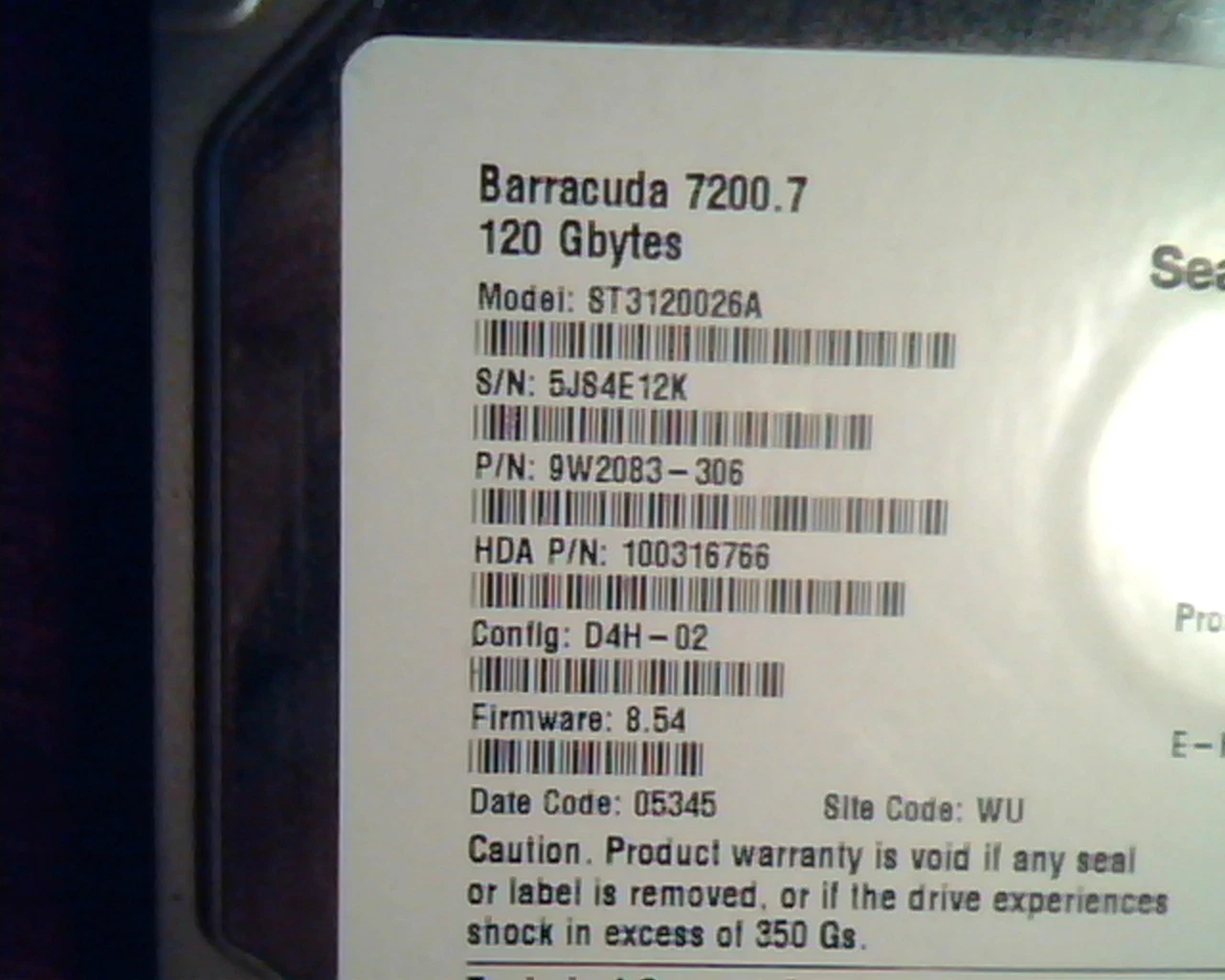 Hard Drive Disk Seagate Barracuda 120GB 9W2083-306 100316766 ST3120026A 8.54