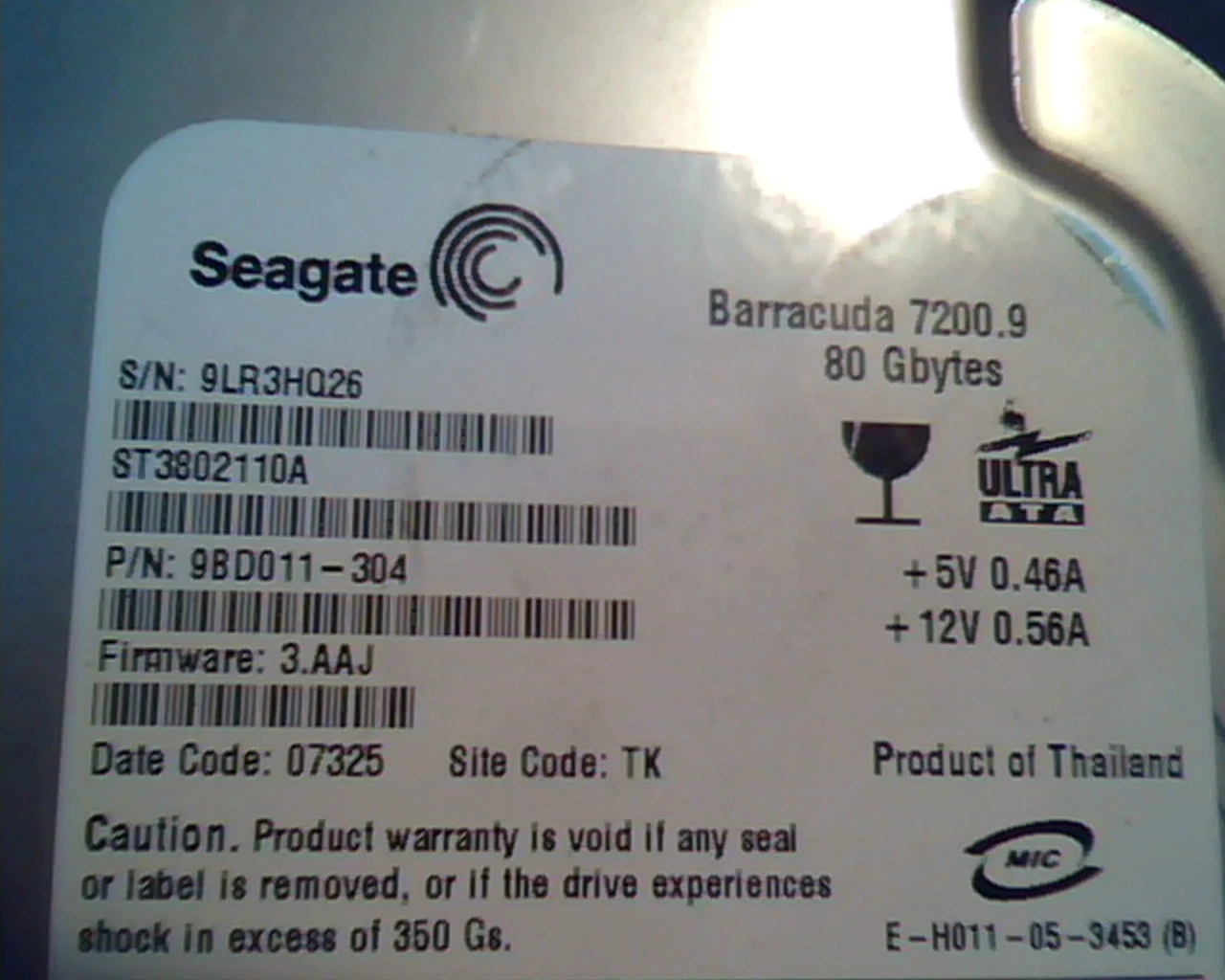 Hard Disk Drive IDE Seagate Barracuda 7200.9 ST3802110A 9BD011-304 80GB 07325