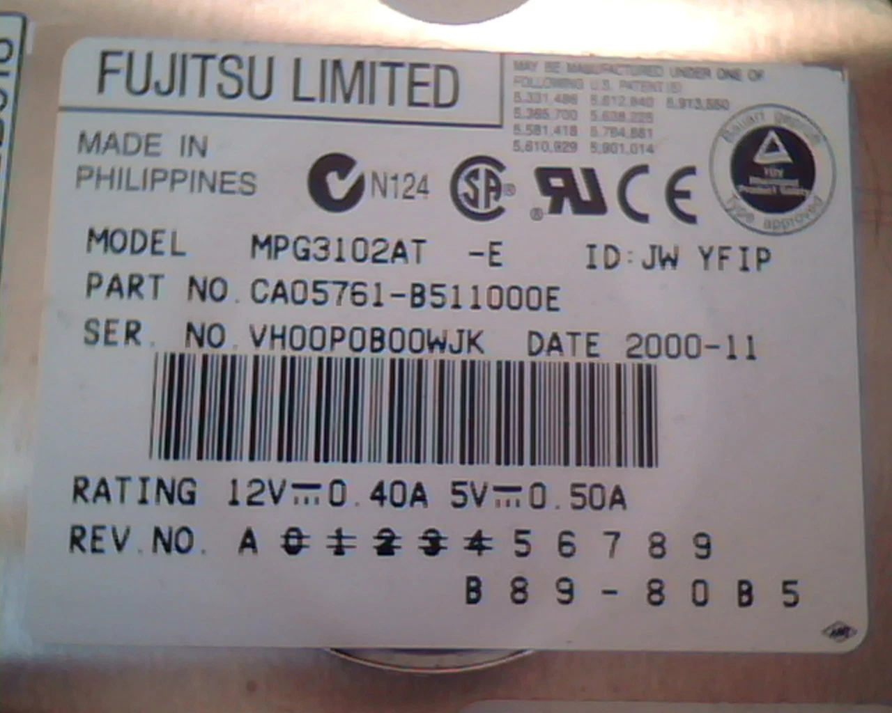 Hard Disk Drive IDE Fujitsu Limited MPG3102AT CA05761-B511000E 3892B918 V032468