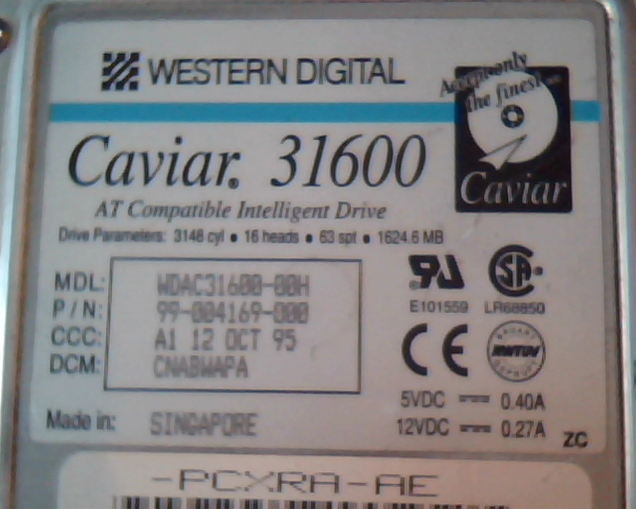 Hard Disk Drive IDE Western Digital Caviar 31600 WDAC31600-00H 99-004169-000