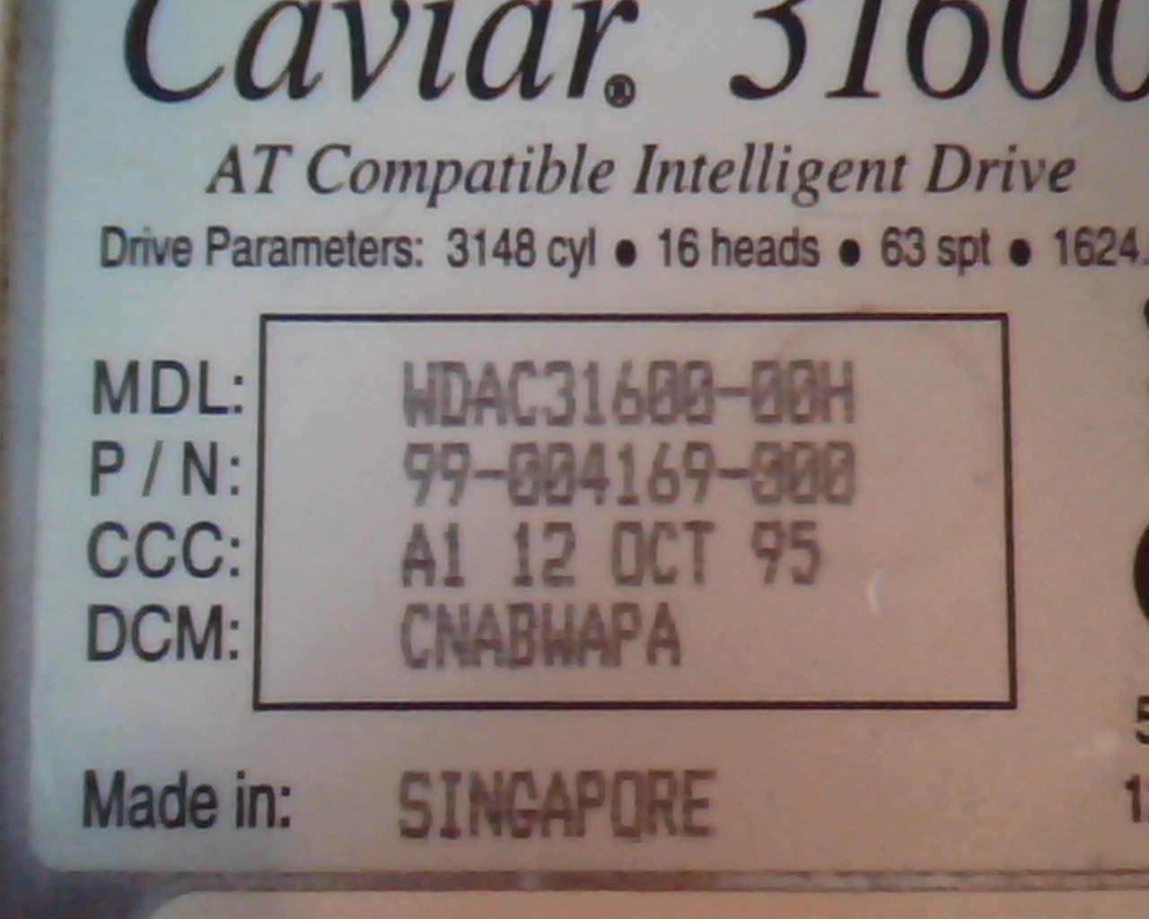 Hard Disk Drive IDE Western Digital Caviar 31600 WDAC31600-00H 99-004169-000 - image 2