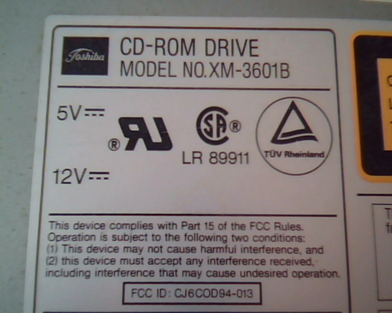 Toshiba CD-ROM Drive XM-3601B 100 JA50313 May 1995 CJ6COD94-013