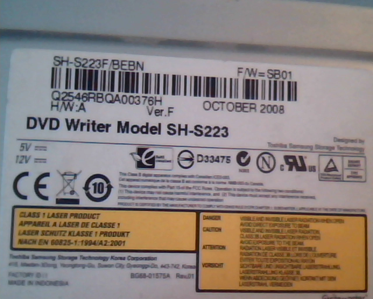 DVD Writer Samsung SH-S223 SH-S223F BEBN Speedplus SATS 35591 SB01 D33475