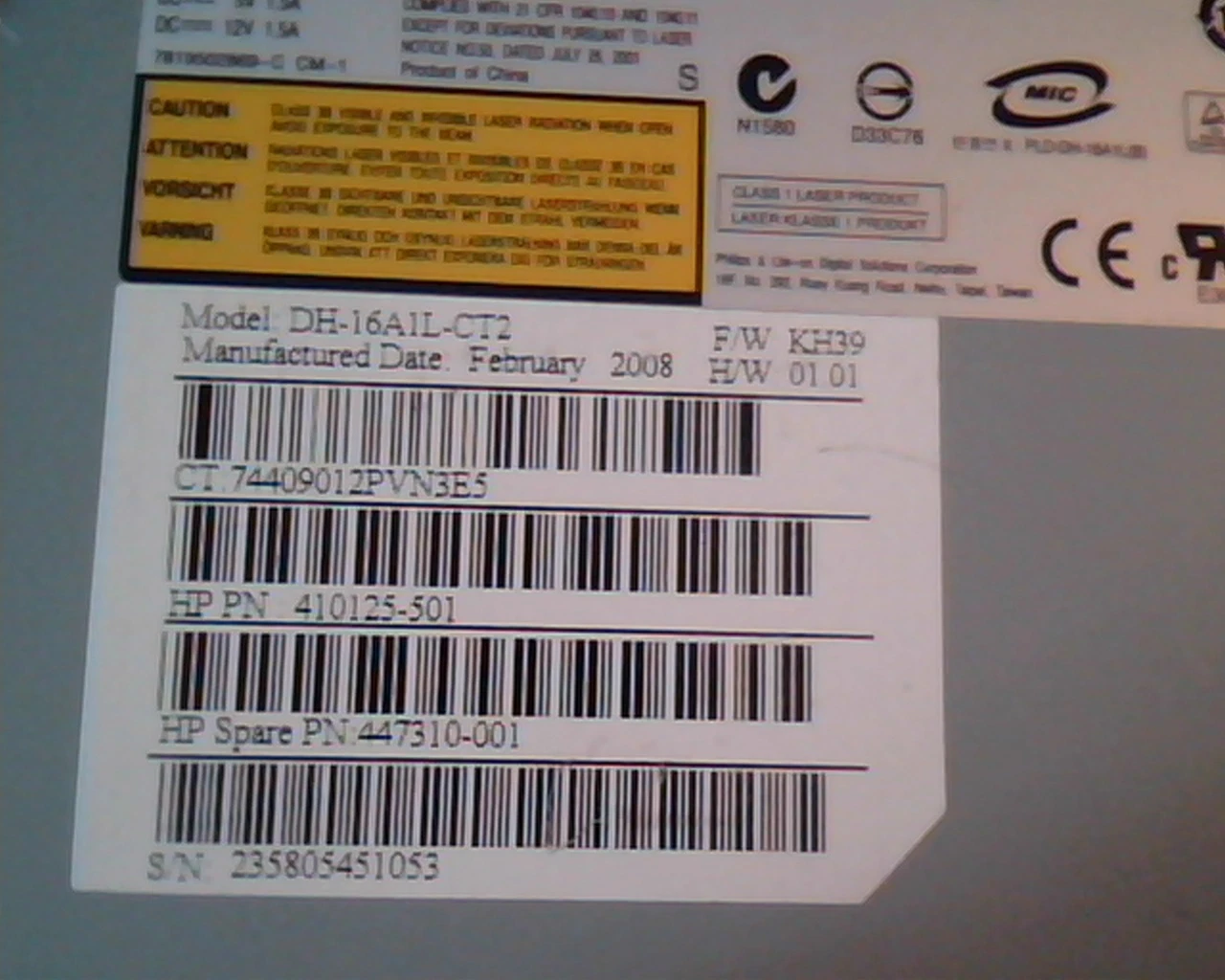 HP DVD/CD Rewritable Drive DH-16A1L DH-16A1L-CT2 KH39 410125-501 lightscribe
