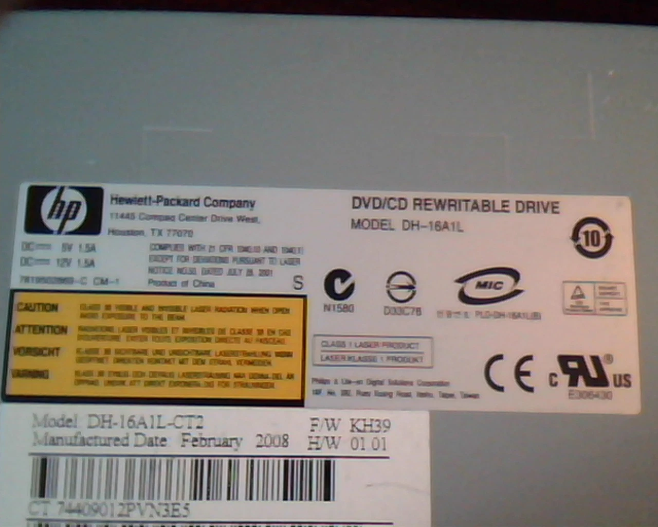 HP DVD/CD Rewritable Drive DH-16A1L DH-16A1L-CT2 KH39 410125-501 lightscribe - image 2