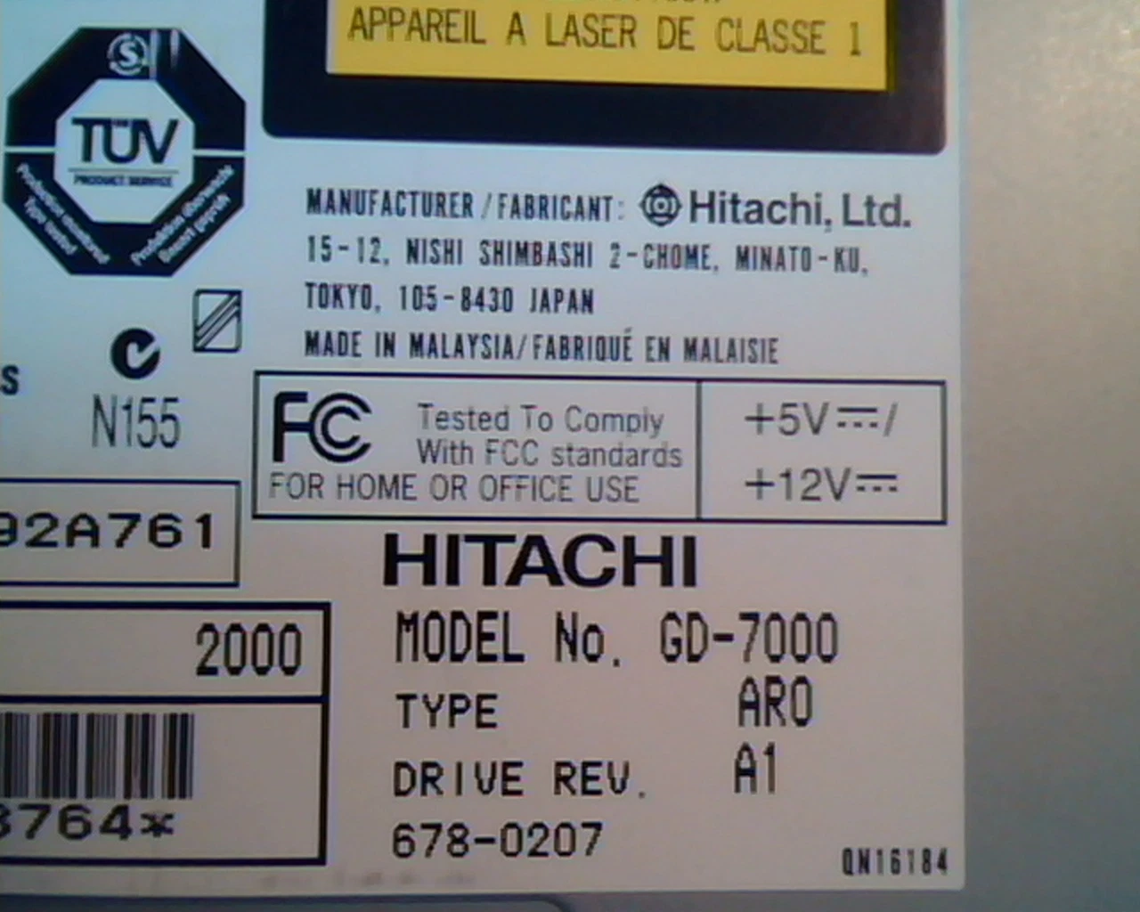 Hitachi DVD ROM GD-7000 AR0 8X H8XRO 678T0010 678-0207 E173792 3892A761