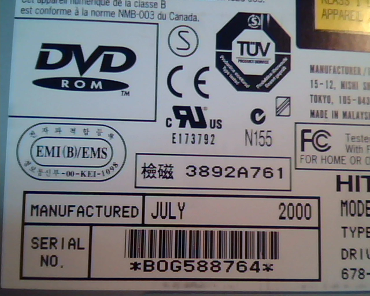 Hitachi DVD ROM GD-7000 AR0 8X H8XRO 678T0010 678-0207 E173792 3892A761 - image 2