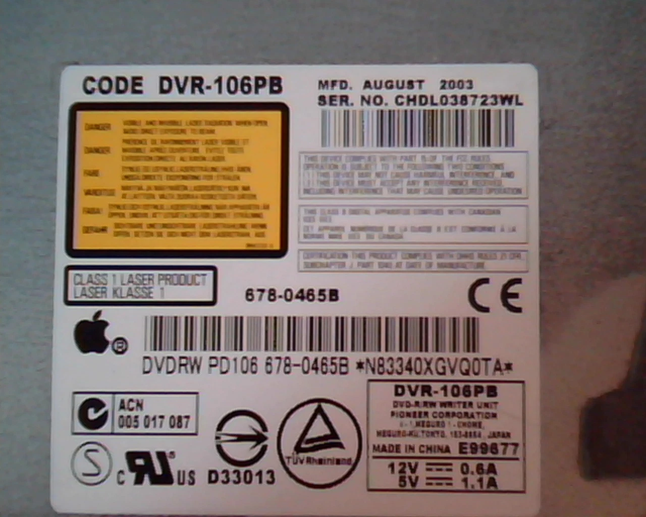 Apple Code DVR-106PB August 2003 678-0465B DVDRW PD106 Pioneer Writer Drive