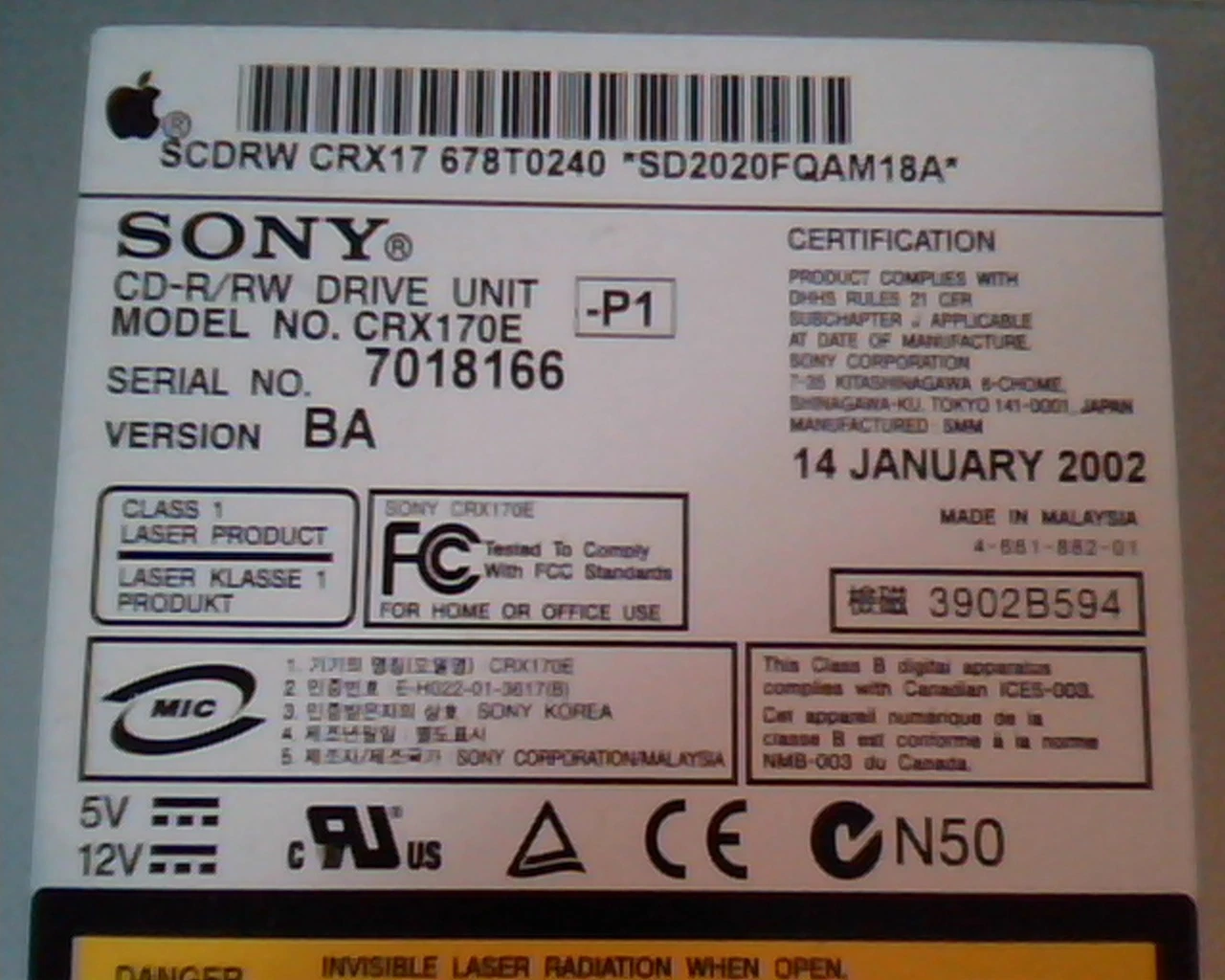 Sony CD R/RW Drive CRX170E SCDRW January 2002 678T0240 BA CRX17 678-0321