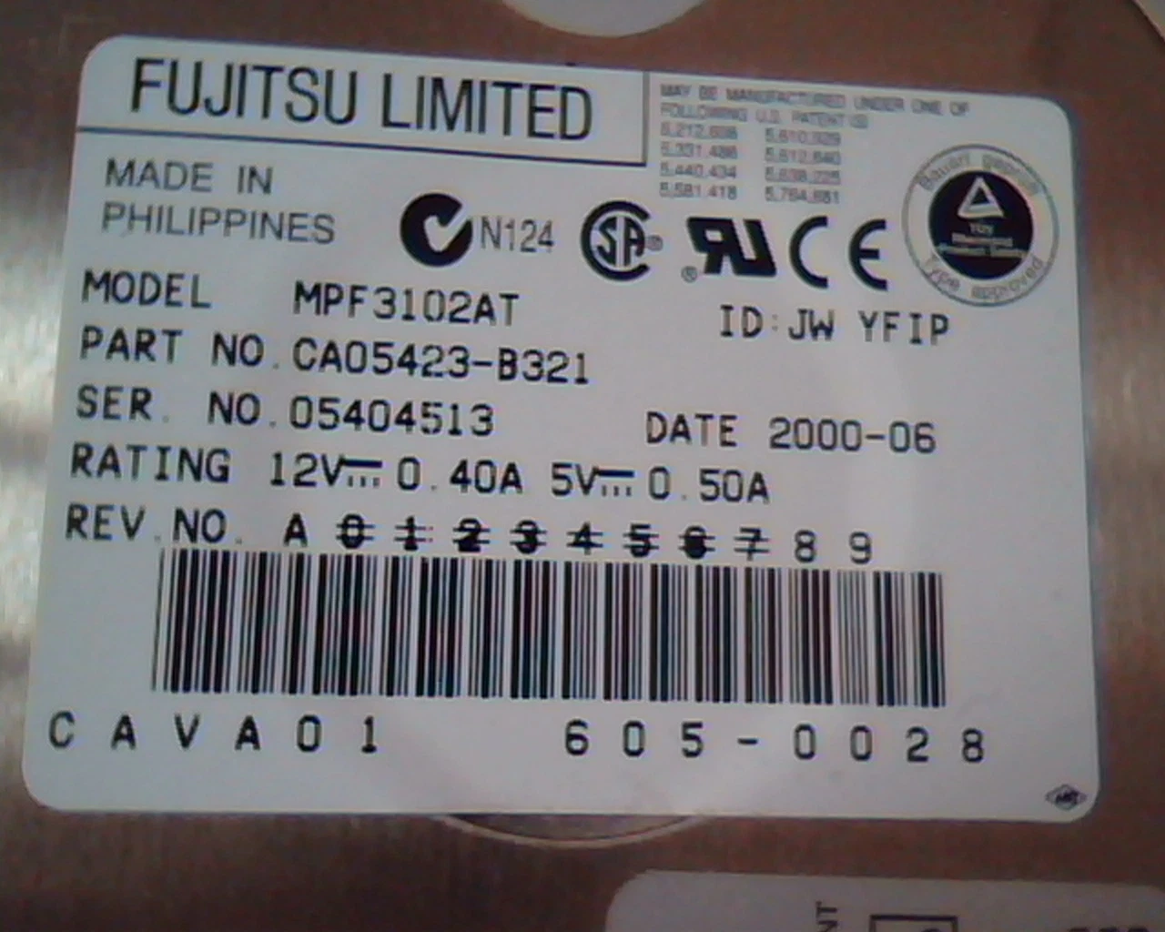 Hard Disk Drive IDE Fujitsu Limited MPF3102AT CA05423-B321 605-0028 CAVA01
