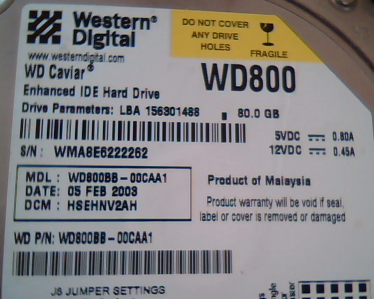 Hard Disk Drive IDE Western Digital WD800BB-00CAA1 156301488 80GB E101559