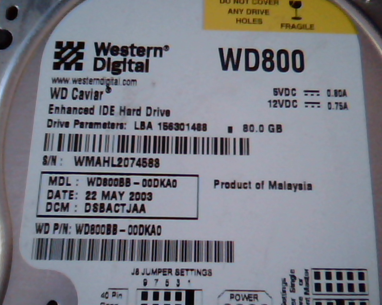 Hard Disk Drive IDE Western Digital Caviar WD800BB-00DKA0 156301488 80GB WD800