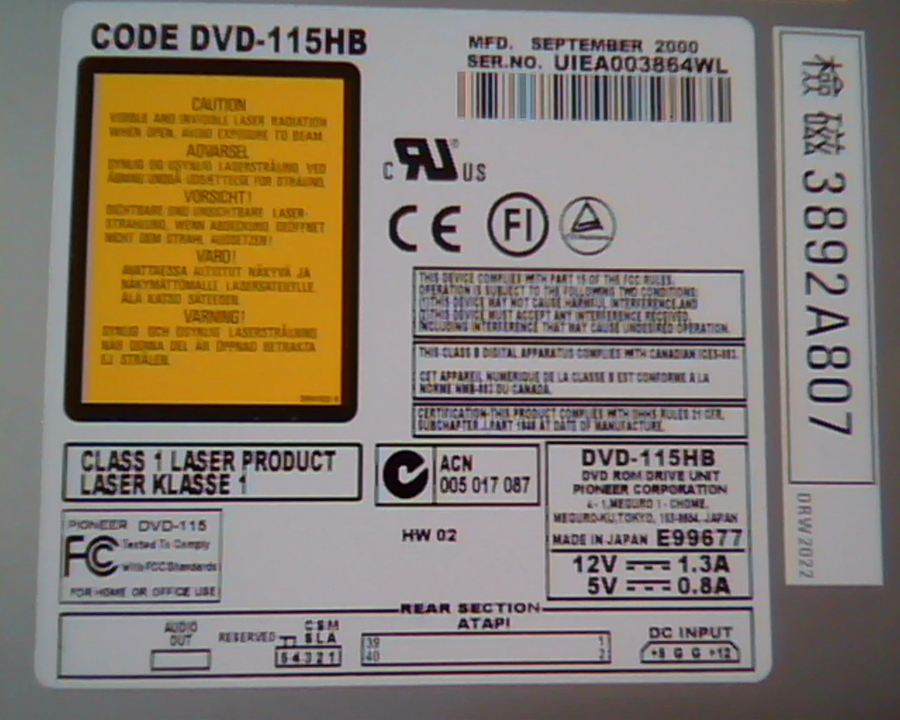 Code DVD-115HB IBM 19K3646 09N0910 DVD Drive 16X ATAPI DVD115HB Sept 2000
