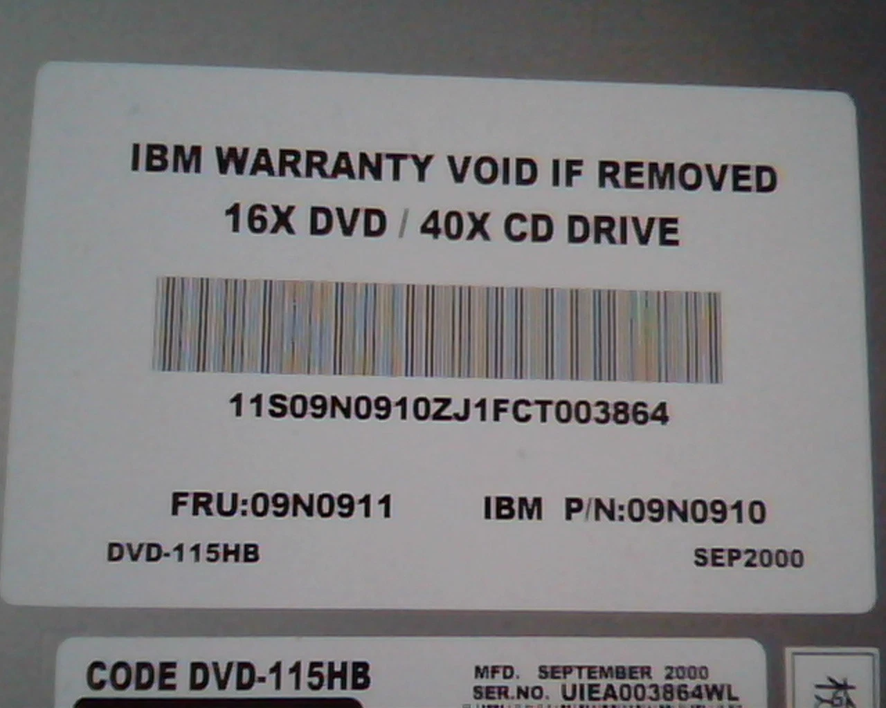 Code DVD-115HB IBM 19K3646 09N0910 DVD Drive 16X ATAPI DVD115HB Sept 2000 - image 2