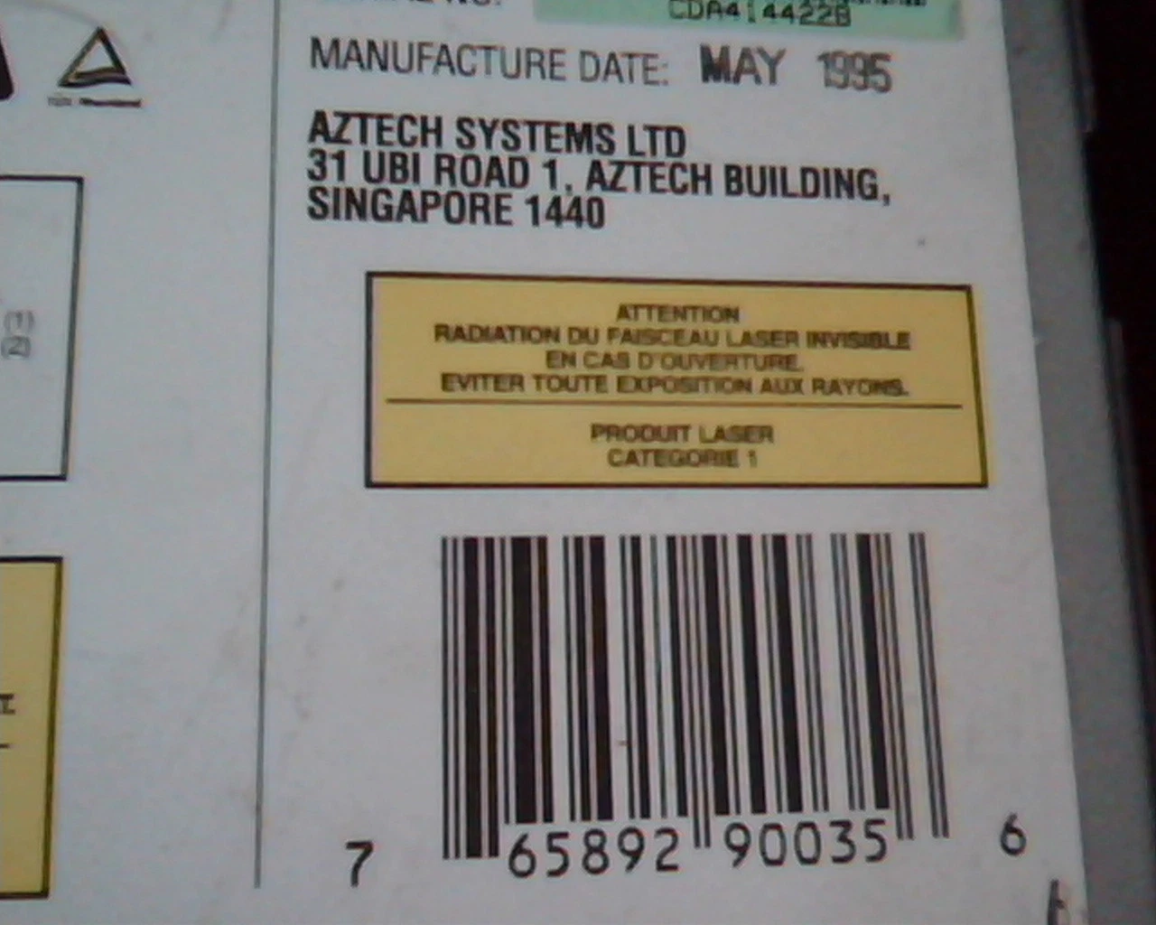 CD-ROM Drive CDA 468-01l May 1995 Aztech Quad Speed E157812 - image 2