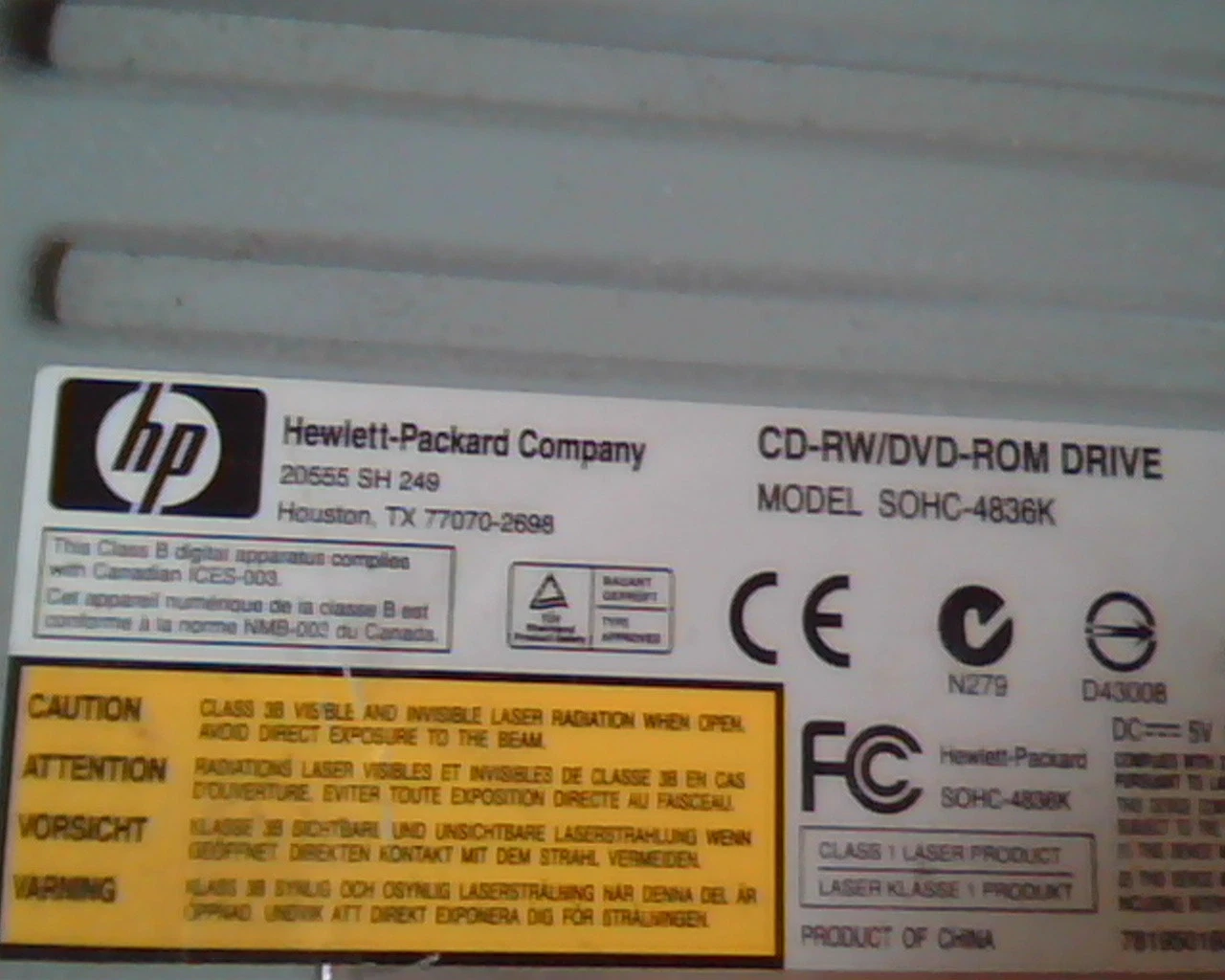 HP CD-RW DVD-ROM Drive SOHC-4836K E73362 SQK5 390851-001 Sept2005